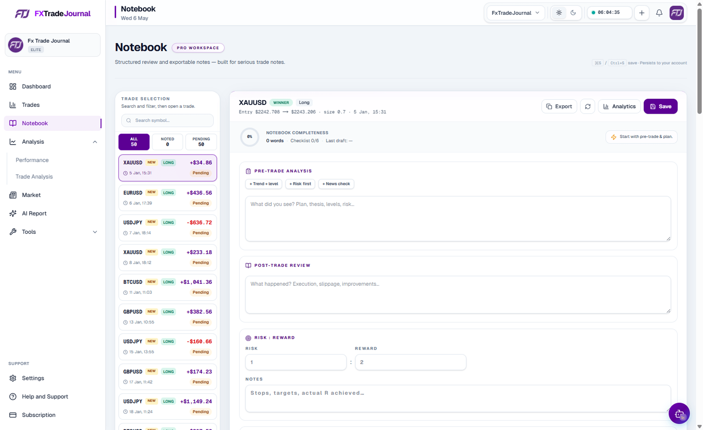 FXTradeJournal trading journal notebook in light and dark theme